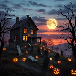 A realistic Halloween background showcasing a spooky haunted house on a hill at dusk