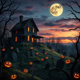 A realistic Halloween background showcasing a spooky haunted house on a hill at dusk