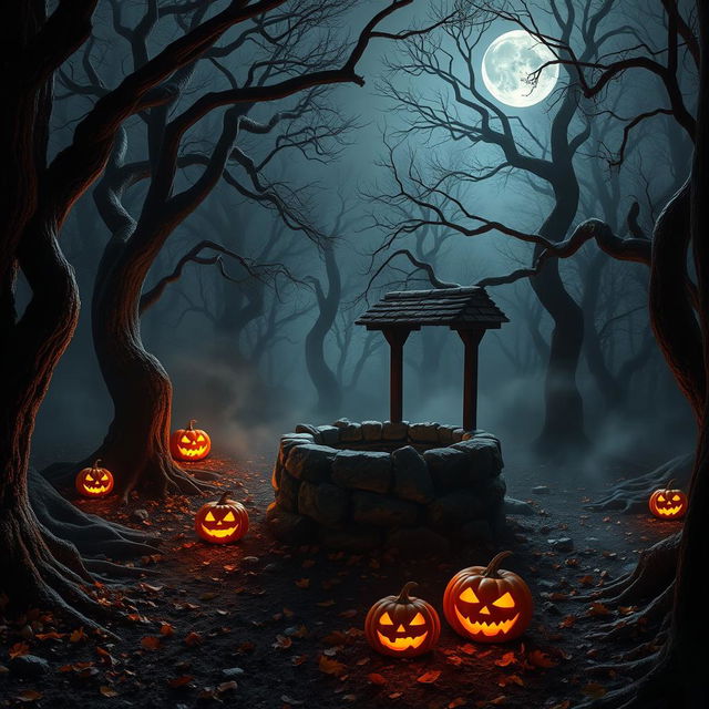 A realistic Halloween background featuring an eerie forest clearing at night