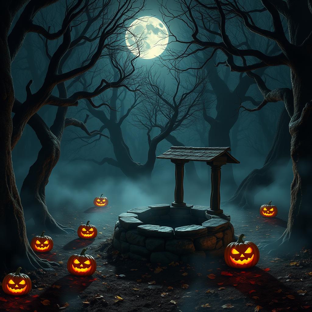 A realistic Halloween background featuring an eerie forest clearing at night