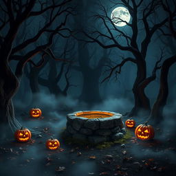 A realistic Halloween background featuring an eerie forest clearing at night