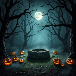 A realistic Halloween background featuring an eerie forest clearing at night