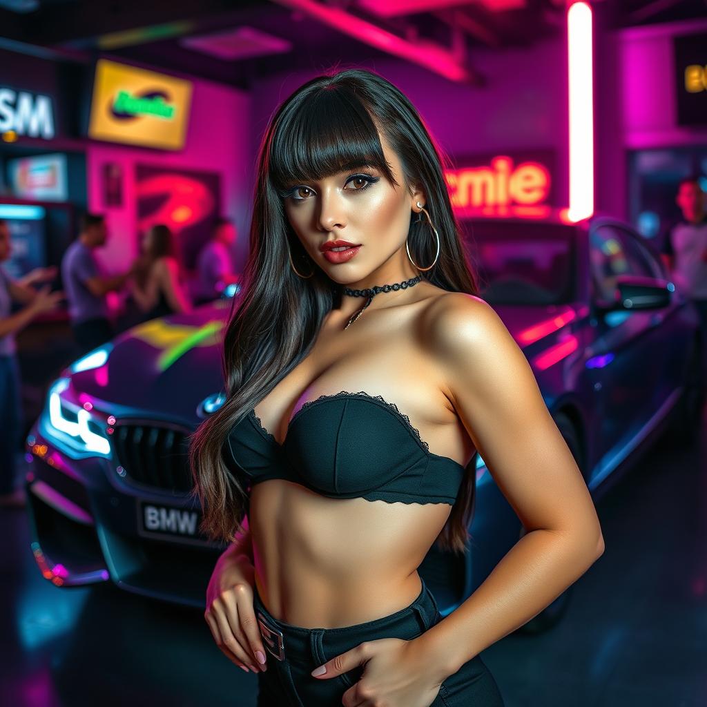 A breathtakingly gorgeous woman with bangs, posing confidently in her full body against the backdrop of a chic BMW car at night