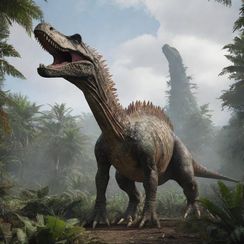 Despite the island's isolation, a new apex predator makes its appearance: a colossal Spinosaurus emerges from the dense foliage, asserting its dominance over the abandoned Jurassic landscape.