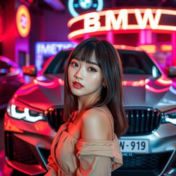 An extremely gorgeous Korean girl with bangs, elegantly posed in a full-body shot against the backdrop of a luxurious BMW car set in a vibrant nightclub atmosphere