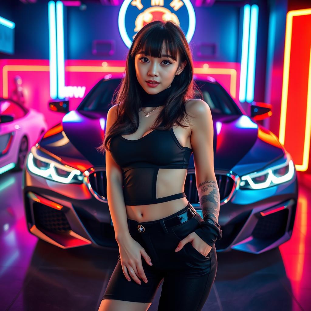 An extremely gorgeous Korean girl with bangs, elegantly posed in a full-body shot against the backdrop of a luxurious BMW car set in a vibrant nightclub atmosphere