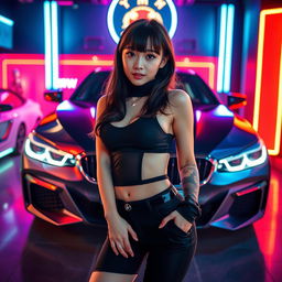 An extremely gorgeous Korean girl with bangs, elegantly posed in a full-body shot against the backdrop of a luxurious BMW car set in a vibrant nightclub atmosphere