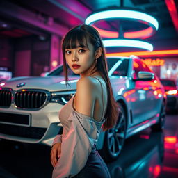 An extremely gorgeous Korean girl with bangs, elegantly posed in a full-body shot against the backdrop of a luxurious BMW car set in a vibrant nightclub atmosphere