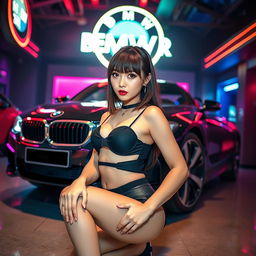 An extremely gorgeous Korean girl with bangs, elegantly posed in a full-body shot against the backdrop of a luxurious BMW car set in a vibrant nightclub atmosphere