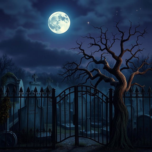 A realistic Halloween background that captures a haunted graveyard during the enchanting twilight hour