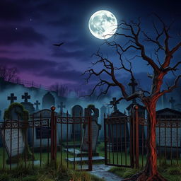 A realistic Halloween background that captures a haunted graveyard during the enchanting twilight hour