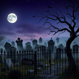 A realistic Halloween background that captures a haunted graveyard during the enchanting twilight hour