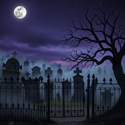 A realistic Halloween background that captures a haunted graveyard during the enchanting twilight hour