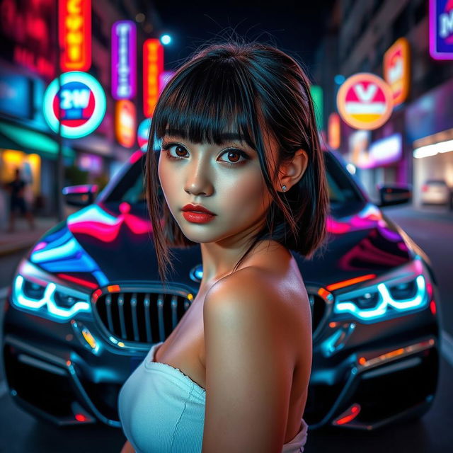 An extreme portrayal of a gorgeous Korean girl with bangs, elegantly showcased in a full body shot against the backdrop of a stylish BMW car on a lively nightclub road