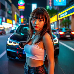 An extreme portrayal of a gorgeous Korean girl with bangs, elegantly showcased in a full body shot against the backdrop of a stylish BMW car on a lively nightclub road