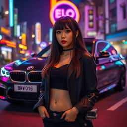 An extreme portrayal of a gorgeous Korean girl with bangs, elegantly showcased in a full body shot against the backdrop of a stylish BMW car on a lively nightclub road