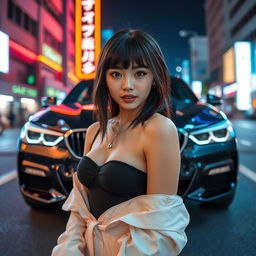 An extreme portrayal of a gorgeous Korean girl with bangs, elegantly showcased in a full body shot against the backdrop of a stylish BMW car on a lively nightclub road