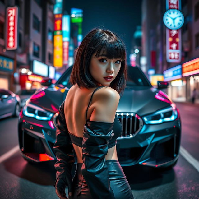 An extreme portrayal of a gorgeous Korean girl with bangs, elegantly positioned in a full-body shot against the backdrop of a luxury BMW car on a vibrant nightclub street