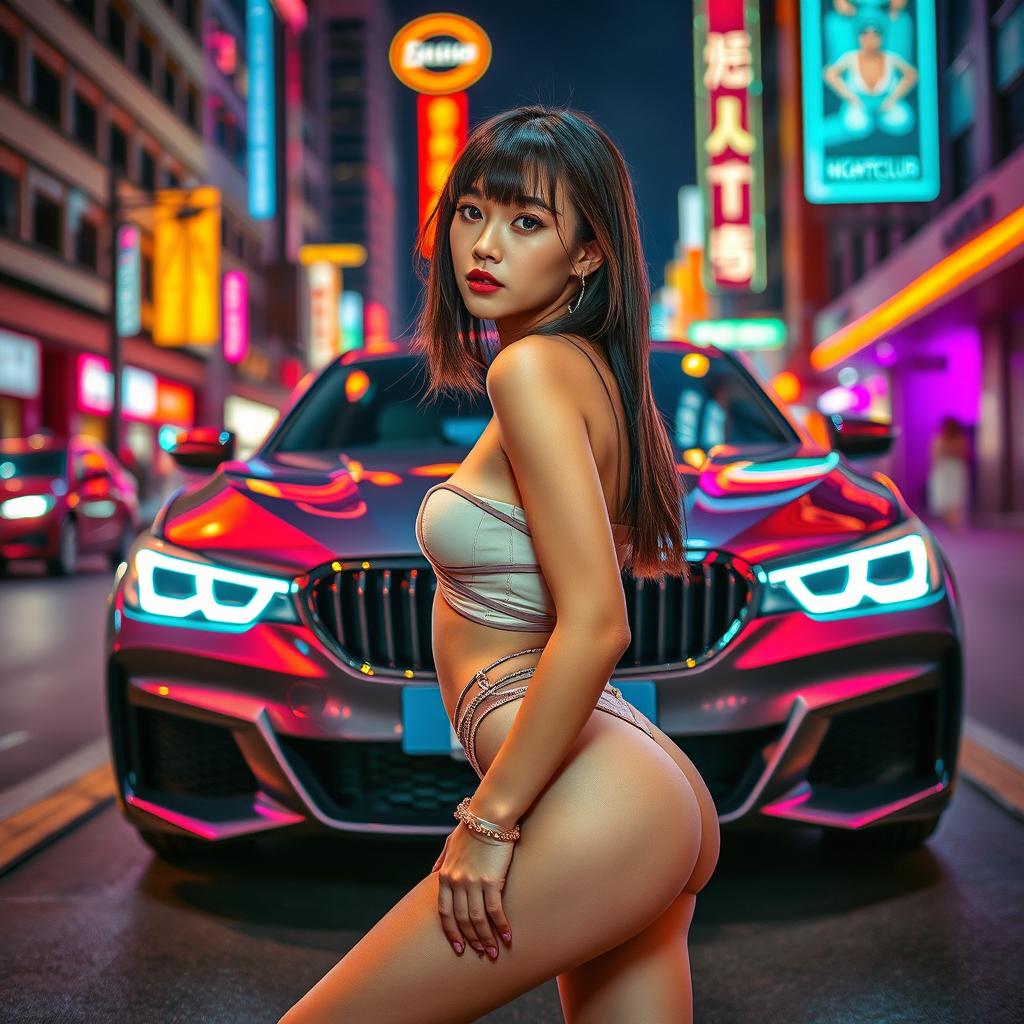 An extreme portrayal of a gorgeous Korean girl with bangs, elegantly positioned in a full-body shot against the backdrop of a luxury BMW car on a vibrant nightclub street