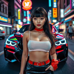 An extreme portrayal of a gorgeous Korean girl with bangs, elegantly positioned in a full-body shot against the backdrop of a luxury BMW car on a vibrant nightclub street