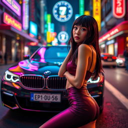 An extreme portrayal of a gorgeous Korean girl with bangs, elegantly positioned in a full-body shot against the backdrop of a luxury BMW car on a vibrant nightclub street