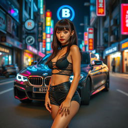 An extreme portrayal of a gorgeous Korean girl with bangs, presented in a full body shot standing confidently against the backdrop of a sleek BMW car on a bustling nightclub street