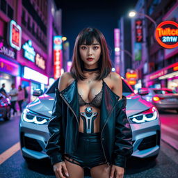 An extreme portrayal of a gorgeous Korean girl with bangs, presented in a full body shot standing confidently against the backdrop of a sleek BMW car on a bustling nightclub street