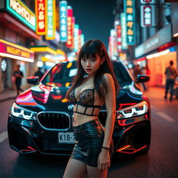 An extreme portrayal of a gorgeous Korean girl with bangs, presented in a full body shot standing confidently against the backdrop of a sleek BMW car on a bustling nightclub street