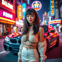 An extreme portrayal of a gorgeous Korean girl with bangs, presented in a full body shot standing confidently against the backdrop of a sleek BMW car on a bustling nightclub street