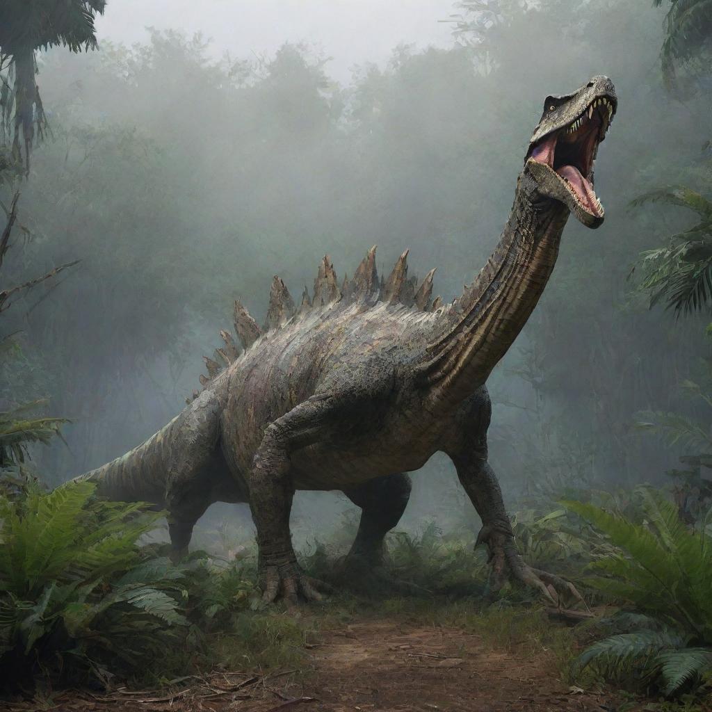 Despite the island's isolation, a new apex predator makes its appearance: a colossal Spinosaurus emerges from the dense foliage, asserting its dominance over the abandoned Jurassic landscape.