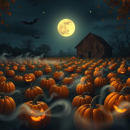 A realistic Halloween background showcasing a desolate pumpkin patch under a full moon