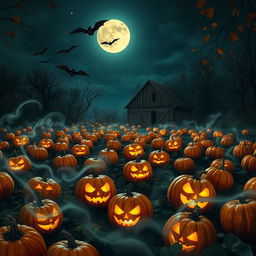 A realistic Halloween background showcasing a desolate pumpkin patch under a full moon