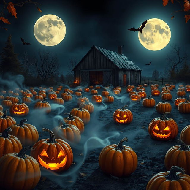 A realistic Halloween background showcasing a desolate pumpkin patch under a full moon