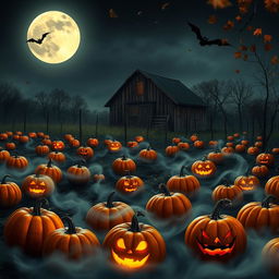 A realistic Halloween background showcasing a desolate pumpkin patch under a full moon