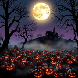 A realistic Halloween background featuring a misty pumpkin patch at twilight