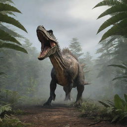 Despite the island's isolation, a new apex predator makes its appearance: a colossal Spinosaurus emerges from the dense foliage, asserting its dominance over the abandoned Jurassic landscape.