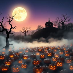 A realistic Halloween background featuring a misty pumpkin patch at twilight