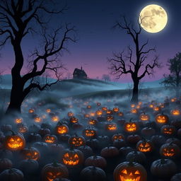 A realistic Halloween background featuring a misty pumpkin patch at twilight