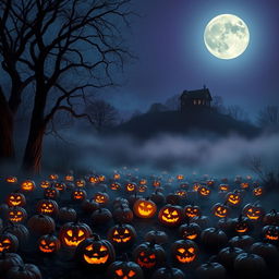 A realistic Halloween background featuring a misty pumpkin patch at twilight