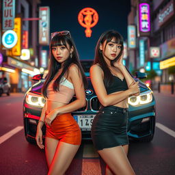 An extreme portrayal of two gorgeous 25-year-old Korean girls with bangs, showcased in full-body shots against the backdrop of a stylish BMW car on a vibrant nightclub road