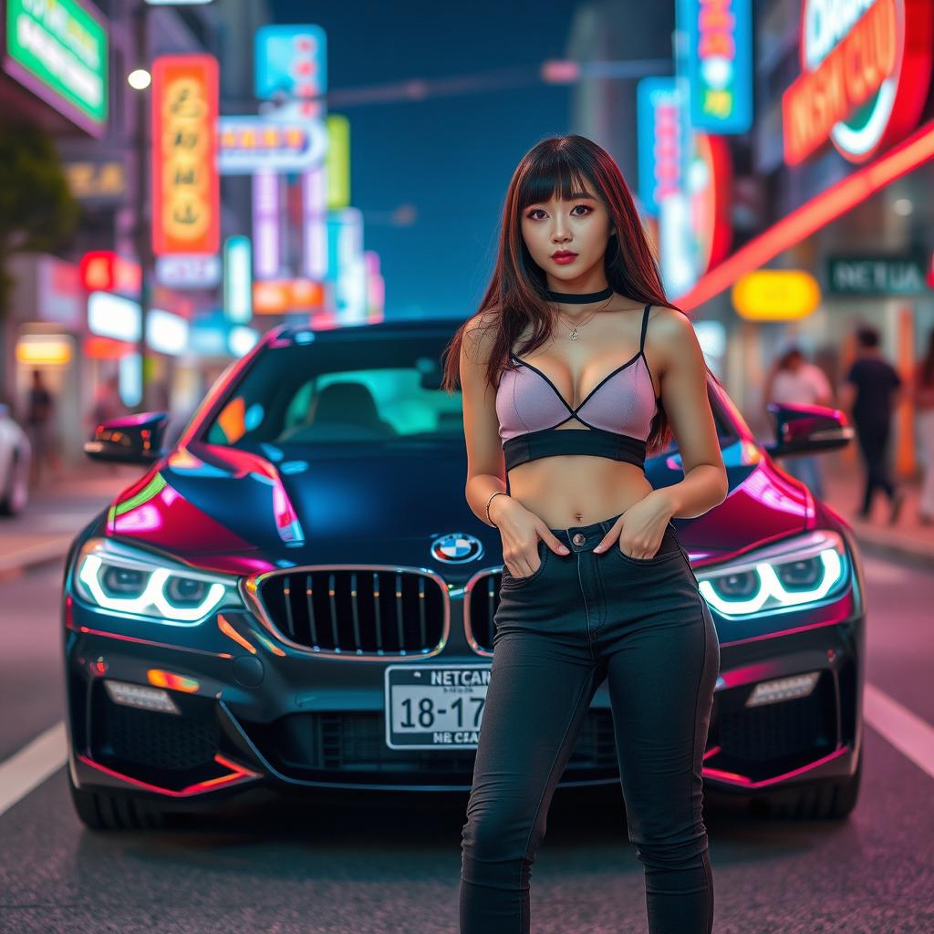 An extreme portrayal of two gorgeous 25-year-old Korean girls with bangs, showcased in full-body shots against the backdrop of a stylish BMW car on a vibrant nightclub road