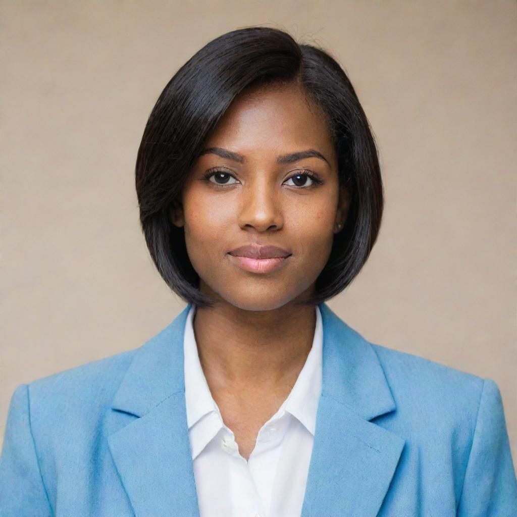 A pretty young woman with a short and neat straight black middle-length hair, light skin tone, of average build, shorter than average height. She has small, foxy brown eyes, a pointy nose, and is attired in a light blue university blazer uniform.