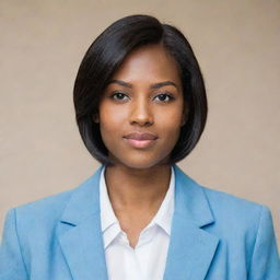 A pretty young woman with a short and neat straight black middle-length hair, light skin tone, of average build, shorter than average height. She has small, foxy brown eyes, a pointy nose, and is attired in a light blue university blazer uniform.