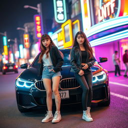 An extreme portrayal of two gorgeous 25-year-old Korean girls with bangs, showcased in full-body shots against the backdrop of a stylish BMW car on a vibrant nightclub road