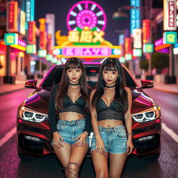 An extreme portrayal of two gorgeous 25-year-old Korean girls with bangs, showcased in full-body shots against the backdrop of a stylish BMW car on a vibrant nightclub road