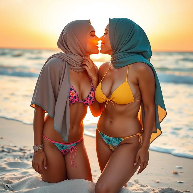 A beautiful beach scene featuring two women wearing colorful bikinis paired with stylish hijabs, engaged in a tender kiss
