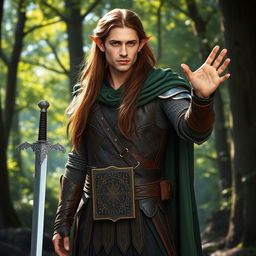 A male elven bladesinger standing elegantly, with long flowing brown hair cascading down his shoulders