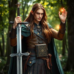 A male elven bladesinger standing elegantly, with long flowing brown hair cascading down his shoulders