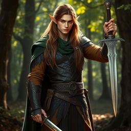 A male elven bladesinger standing elegantly, with long flowing brown hair cascading down his shoulders