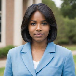 A pretty young woman with a short and neat straight black middle-length hair, light skin tone, of average build, shorter than average height. She has small, foxy brown eyes, a pointy nose, and is attired in a light blue university blazer uniform.